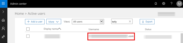 Screenshot per cercare l'utente dopo l'accesso alla interfaccia di amministrazione di Microsoft 365.