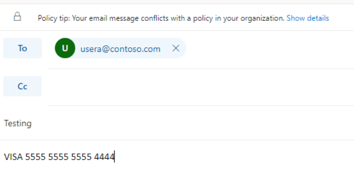 Screenshot di un esempio di suggerimento per i criteri DLP quando si invia un messaggio di posta elettronica.