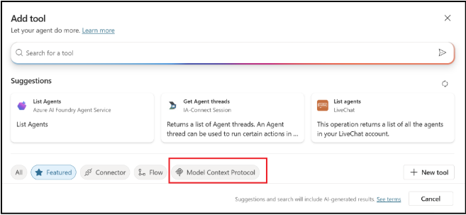 Screenshot delle opzioni di Model Context Protocol in Copilot Studio.
