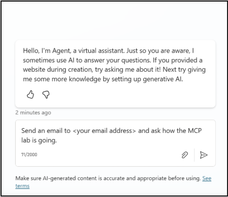 Mostra il prompt di test in Copilot Studio