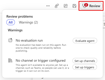 Screenshot dell'icona Revisione con un badge con il numero di avvertenze e il pannello Revisione aperto che mostra le avvertenze.