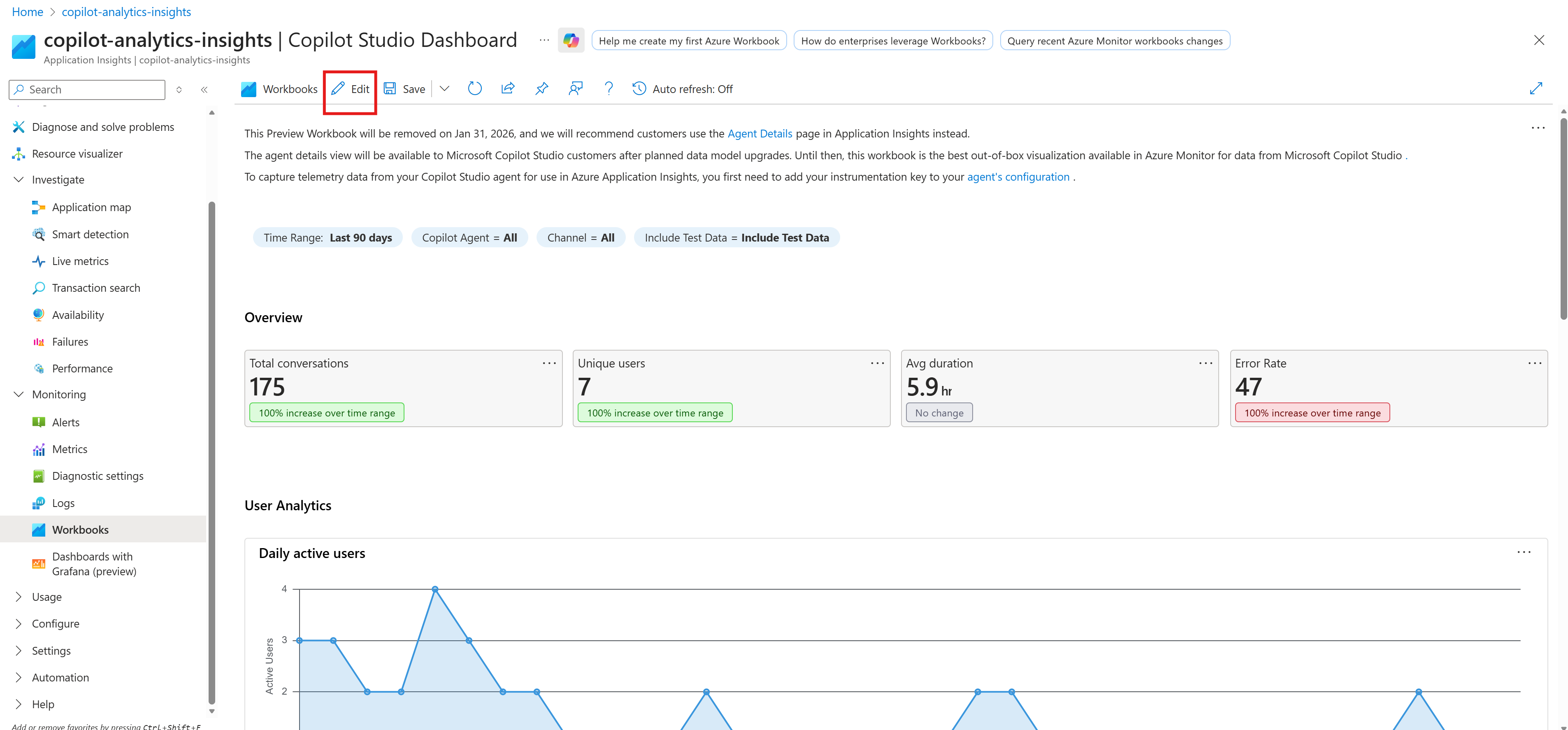 Screenshot della modifica della cartella di lavoro di Application Insights.