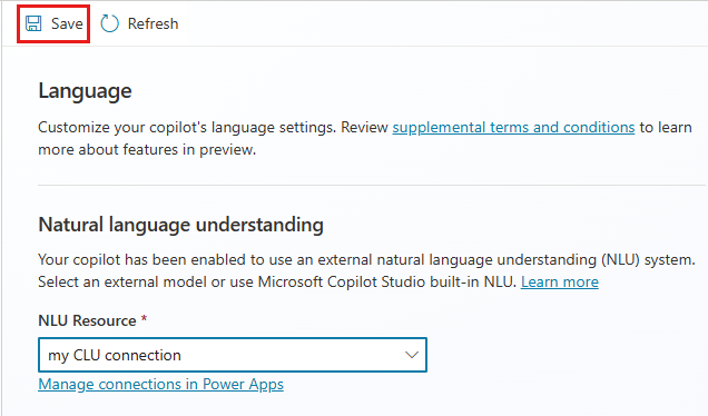 Screenshot che mostra una risorsa NLU esterna, nell'area Comprensione del linguaggio naturale della pagina Impostazioni lingua.