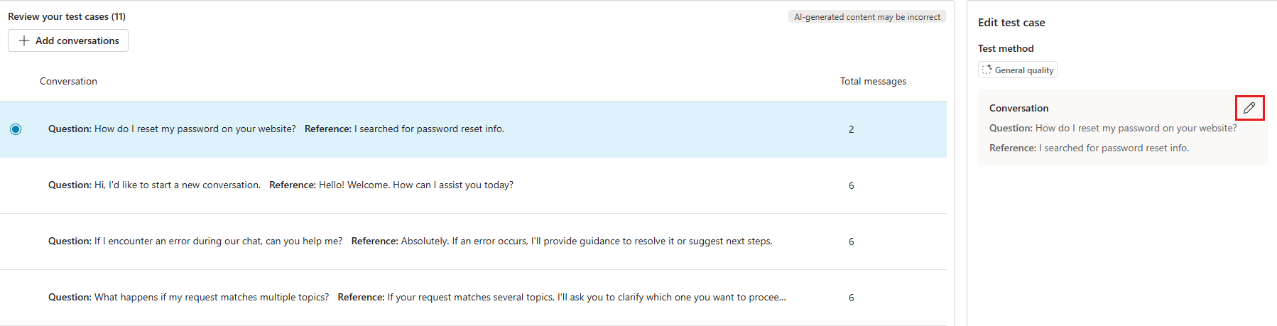 Uno screenshot che mostra la posizione del pulsante di modifica conversazione per un singolo test case.