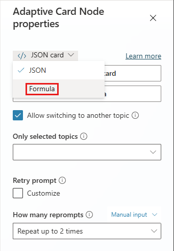 Schermata delle opzioni per selezionare una formula Power Fx al posto di JSON nel pannello delle proprietà del nodo Adaptive Card.