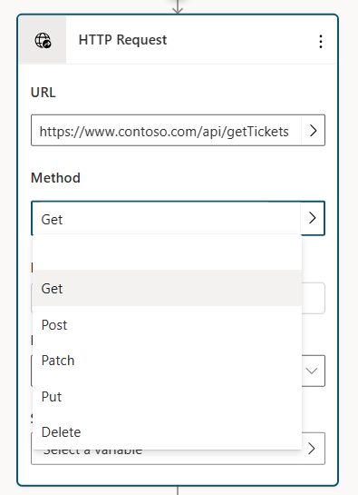 Screenshot dell'URL dell'API completato e del menu a discesa del metodo