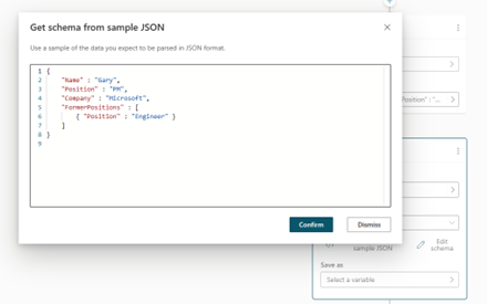 Screenshot che mostra Ottieni schema da JSON di esempio.