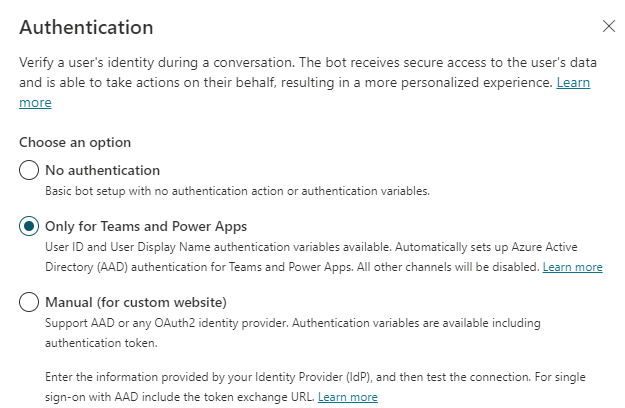 Screenshot del riquadro Autenticazione che mostra le tre opzioni di autenticazione.