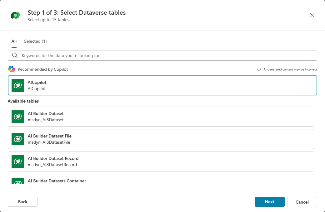 Screenshot della finestra di dialogo Aggiungi Dataverse, che visualizza il Passaggio 1 di 3: seleziona la finestra Tabelle Dataverse.