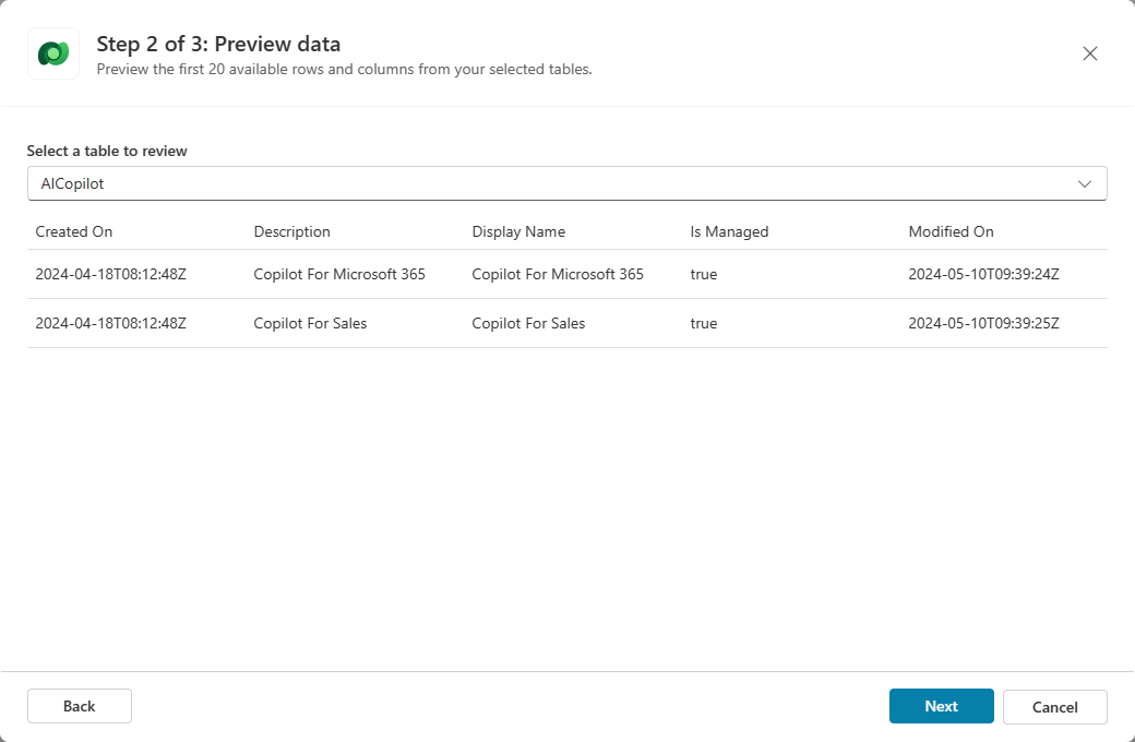 Screenshot della finestra di dialogo Aggiungi Dataverse, che visualizza il Passaggio 2 di 3: seleziona la finestra Anteprima dati.