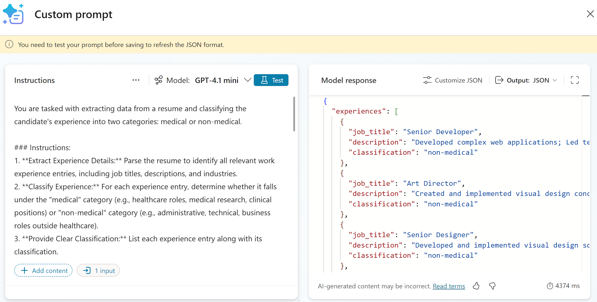 Screenshot del pannello delle istruzioni e del pannello di risposta del modello.