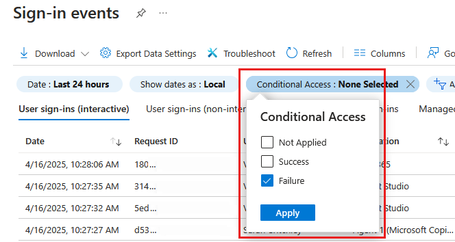 Screenshot della pagina Eventi di accesso in Microsoft Entra, con il filtro di accesso condizionale aggiunto ed evidenziato sopra l'elenco degli accessi.