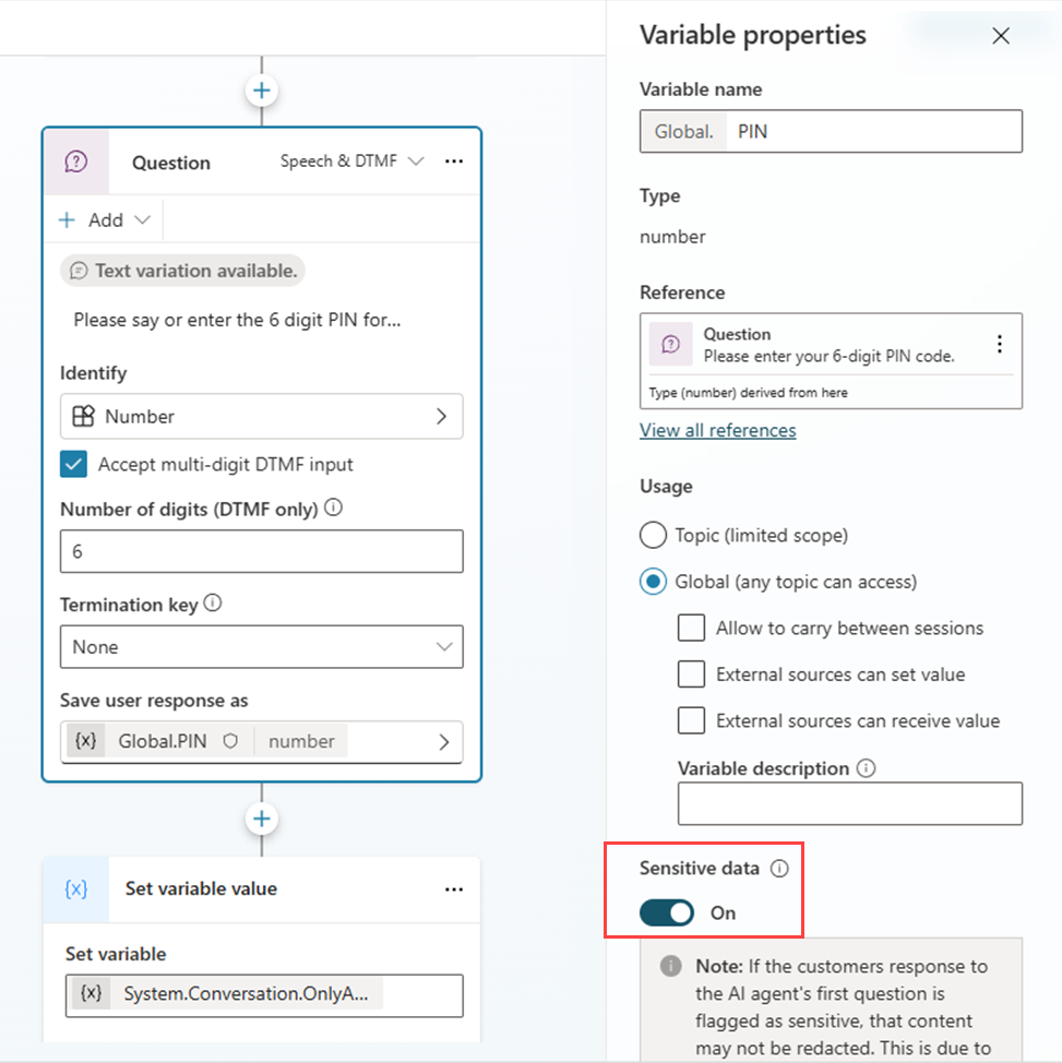 Screenshot dell'interfaccia di creazione di Copilot Studio, che mette in evidenza il riquadro delle proprietà di un nodo Domanda, con particolare attenzione all'opzione Dati sensibili.