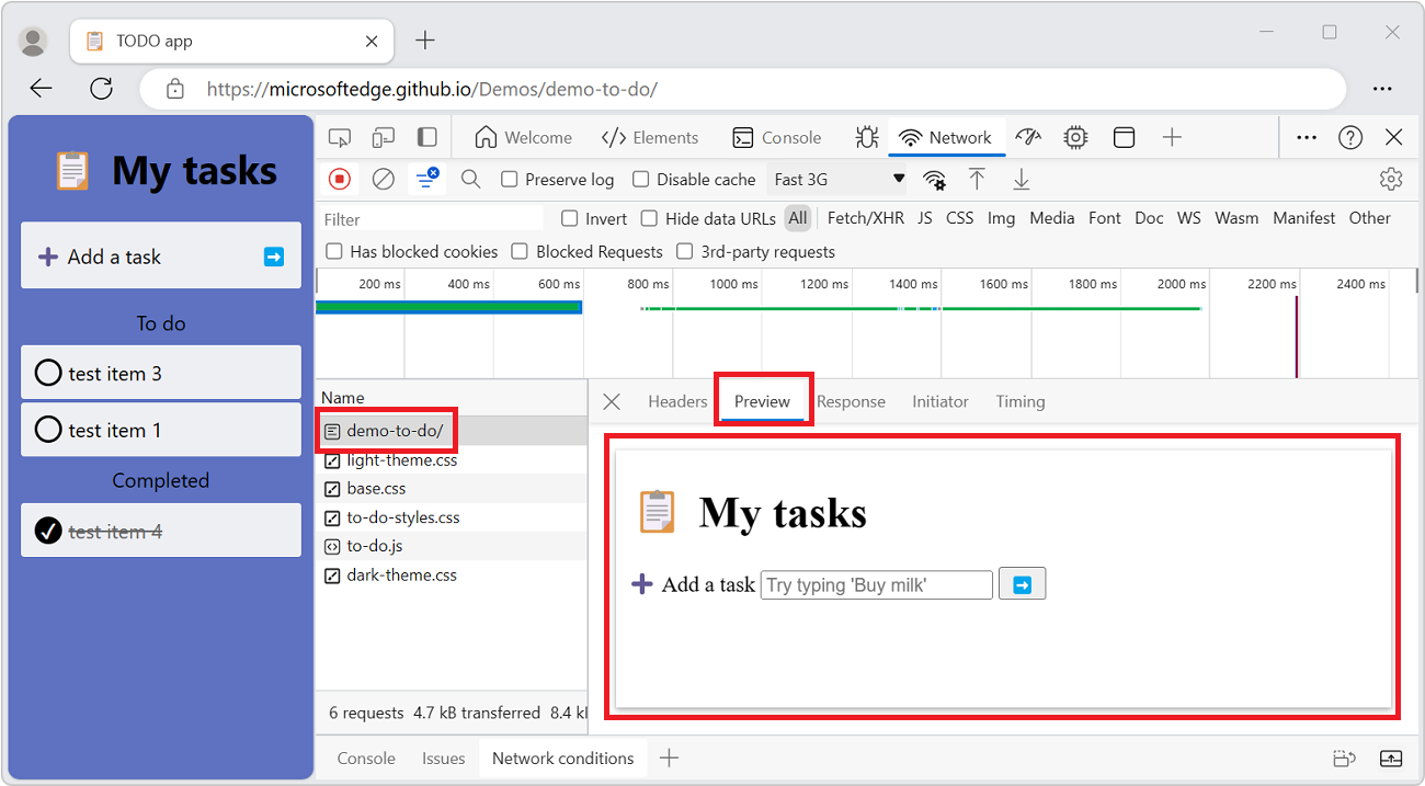 The Preview tab in the Network tool