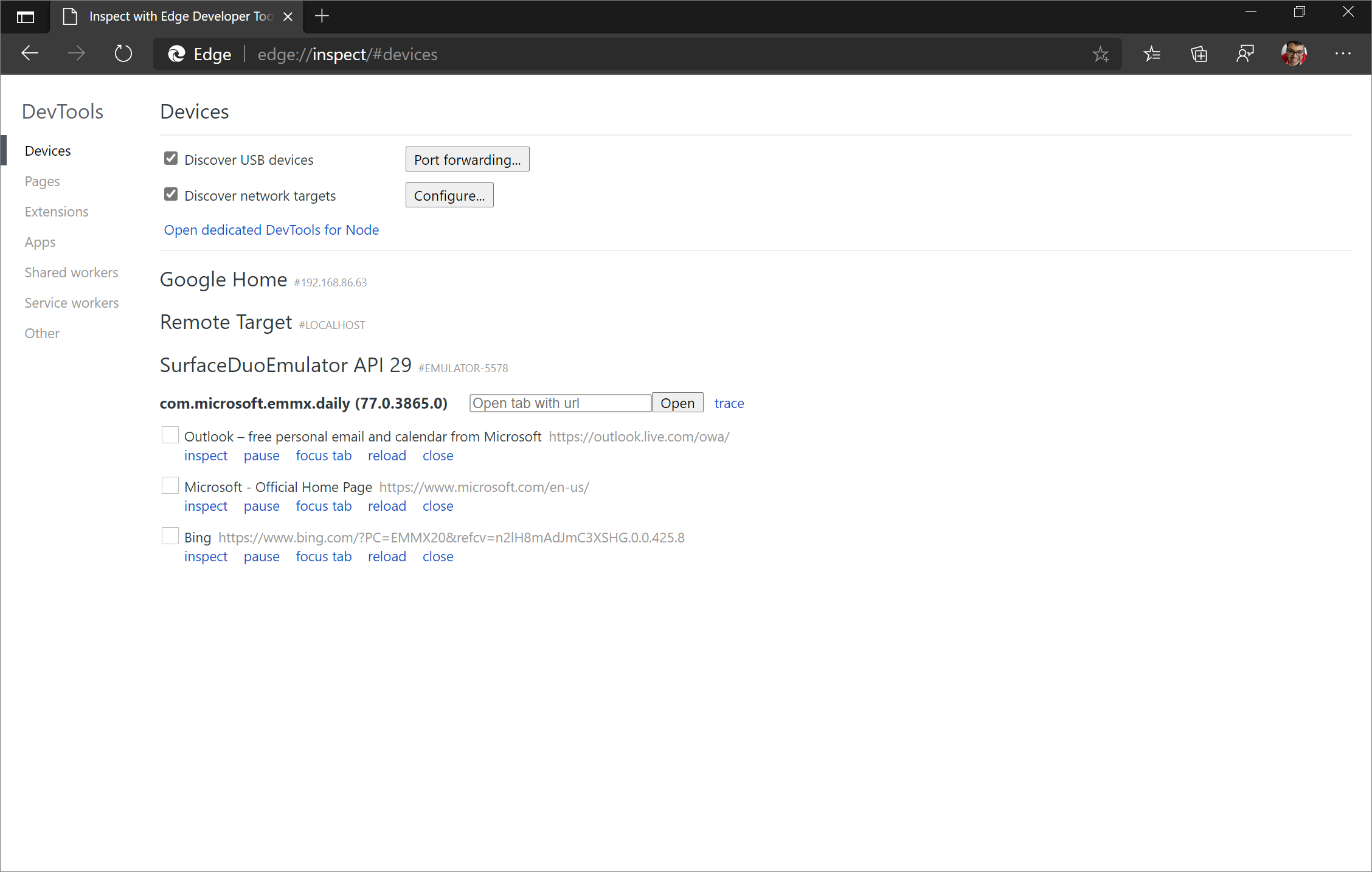 The edge://inspect page shows a list of the open tabs in the Microsoft Edge app running on the emulator