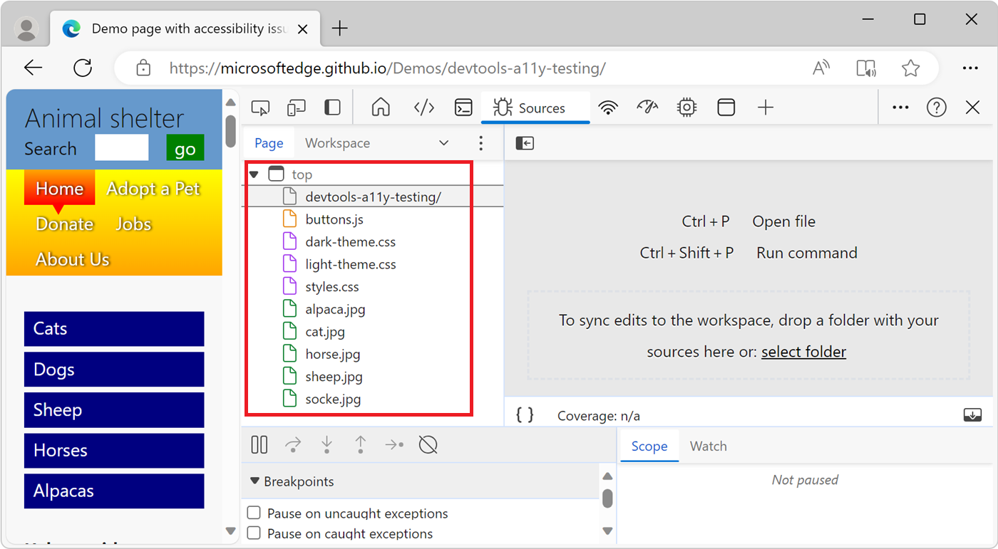 The Page tab in the Sources tool when the 'Group by folder' option is cleared