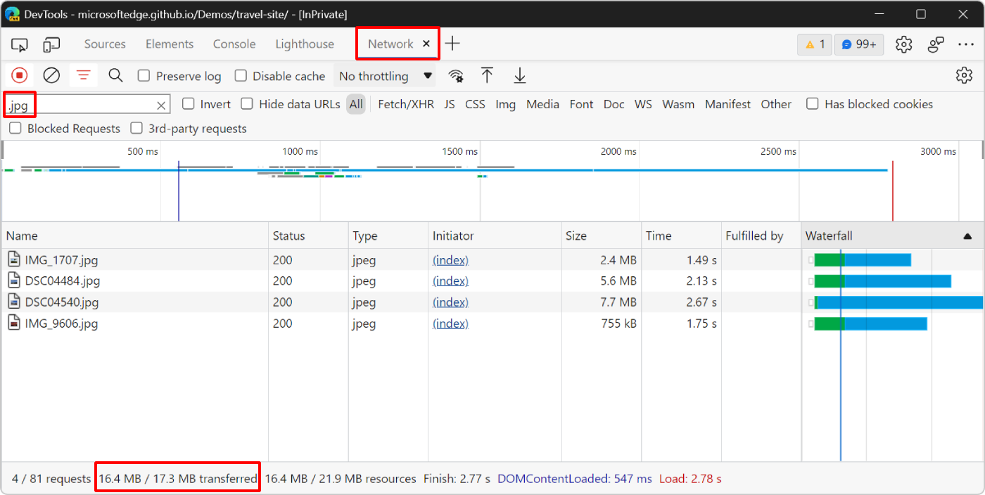 The Network tool, showing the four image requests, and the total amount of data transferred