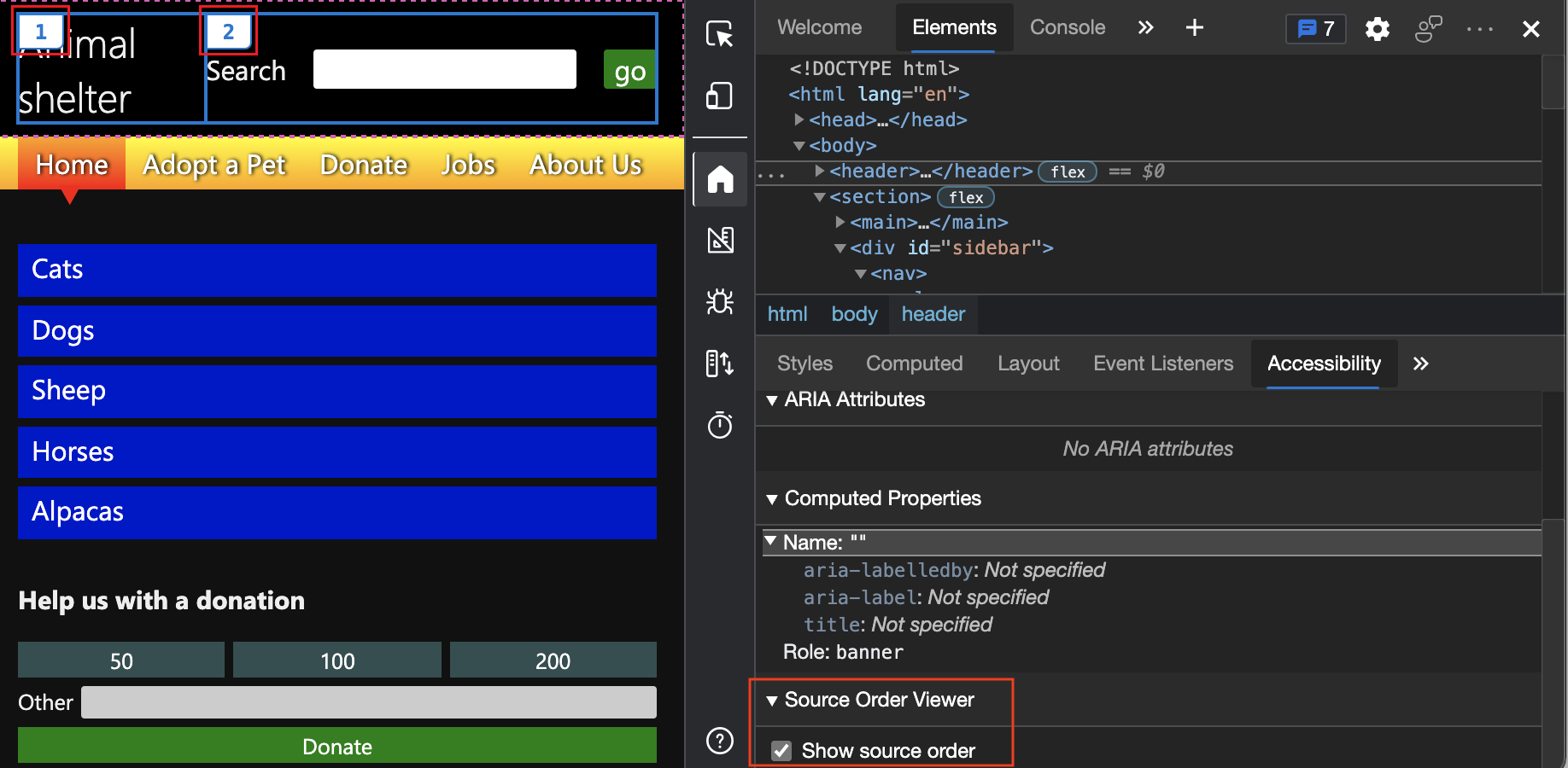 Activating the Source Order Viewer shows the order of the elements in the source as overlays on the page