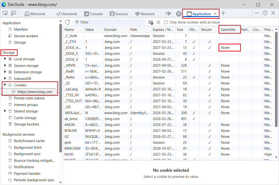 Third-party cookies in the Application tool