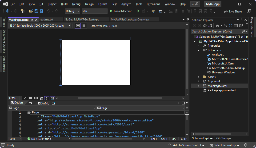 MainPage.xaml code and Designer window