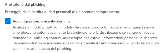 Impostazione amministratore di Microsoft Forms per la protezione dal phishing