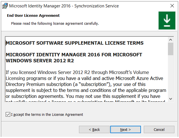 Screenshot che mostra il contratto di licenza dell'utente finale.