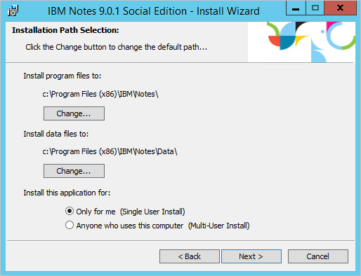 screenshot della selezione del percorso di installazione della procedura guidata di installazione di IBM Notes