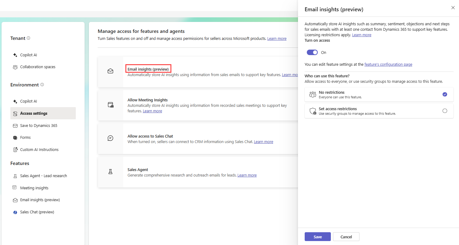 Screenshot che mostra le impostazioni di accesso di Email Insights (anteprima).
