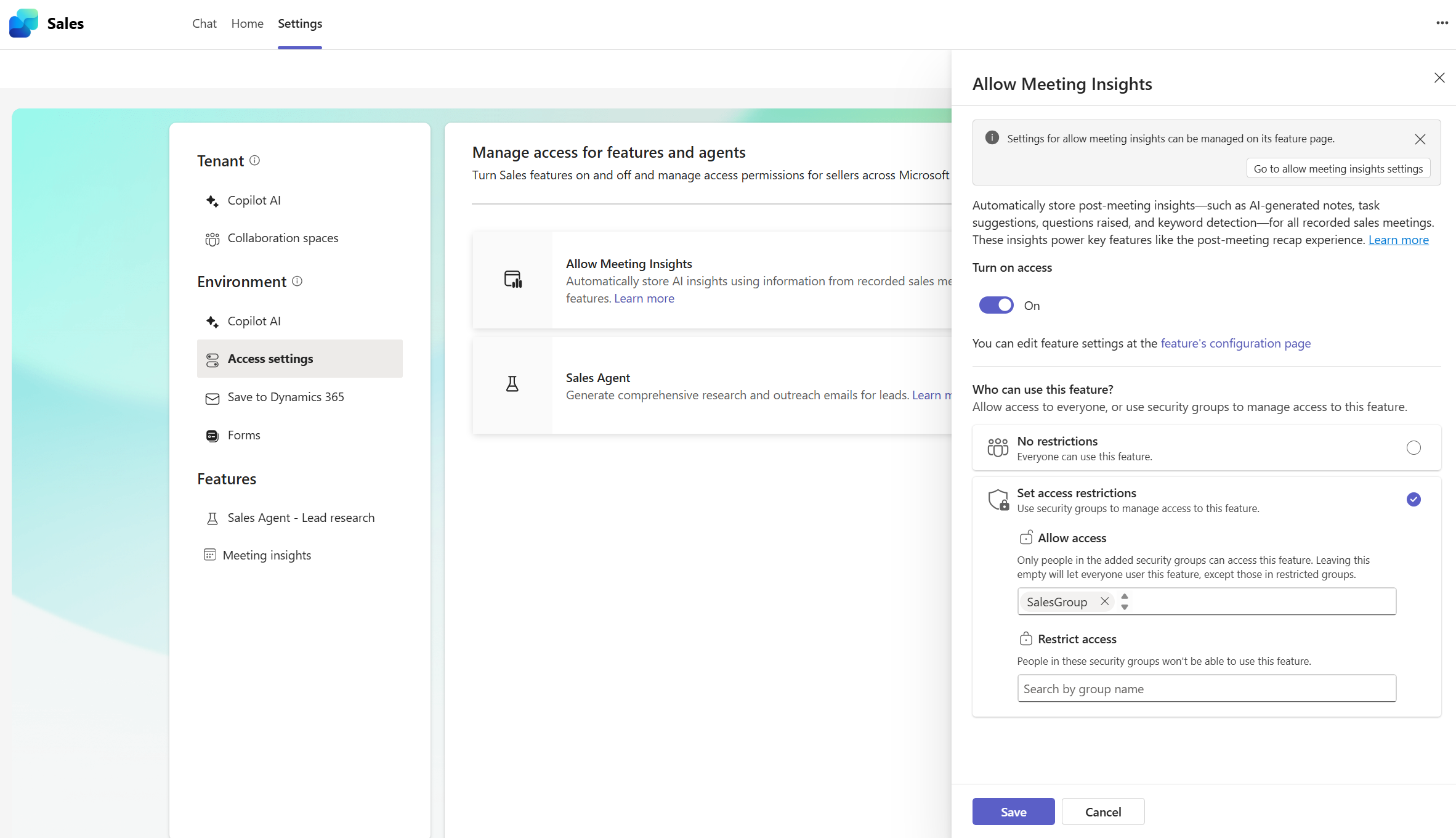 Screenshot che mostra le impostazioni di accesso alle informazioni dettagliate sulle riunioni.