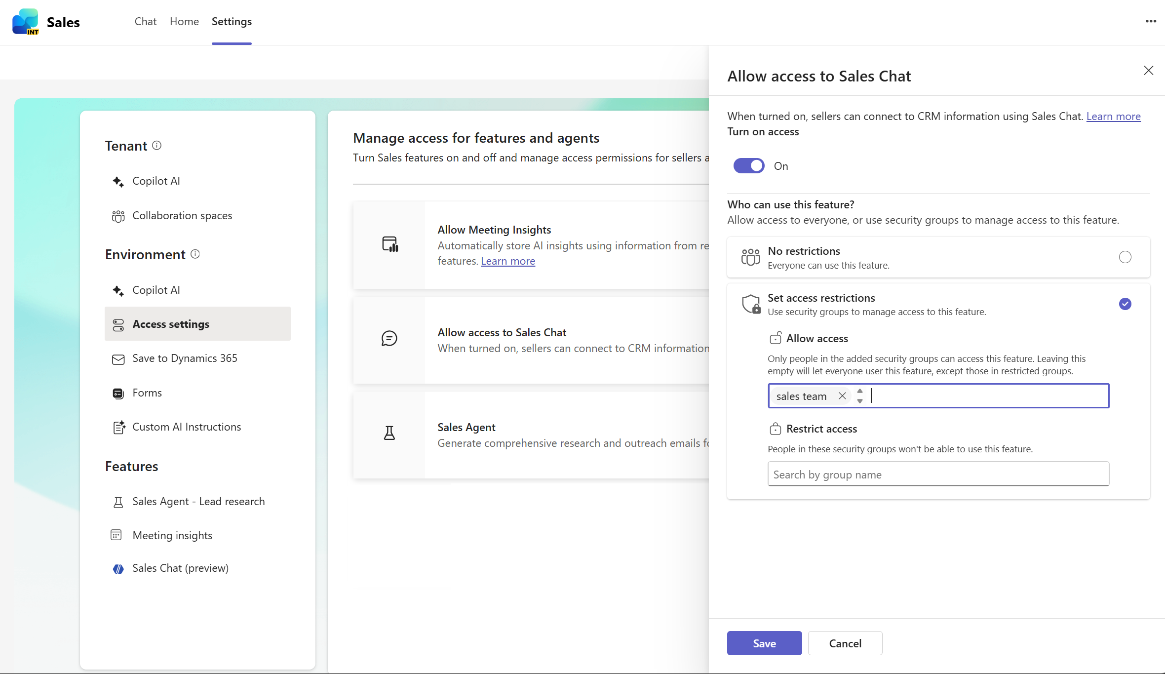 Screenshot che mostra le impostazioni di accesso dell'agente di vendita.
