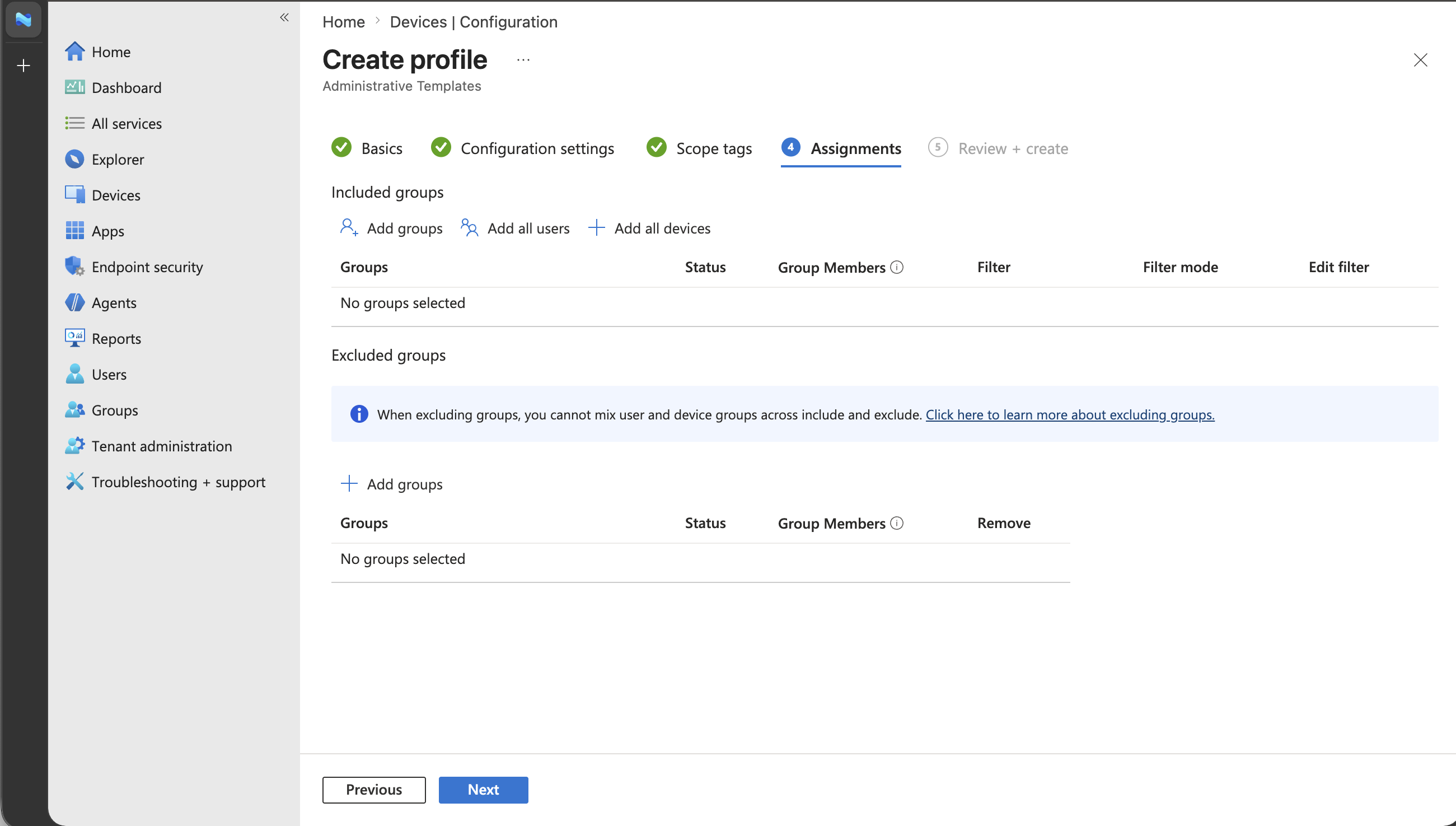 Screenshot of the Assignments page for the Microsoft Scout Windows policy.