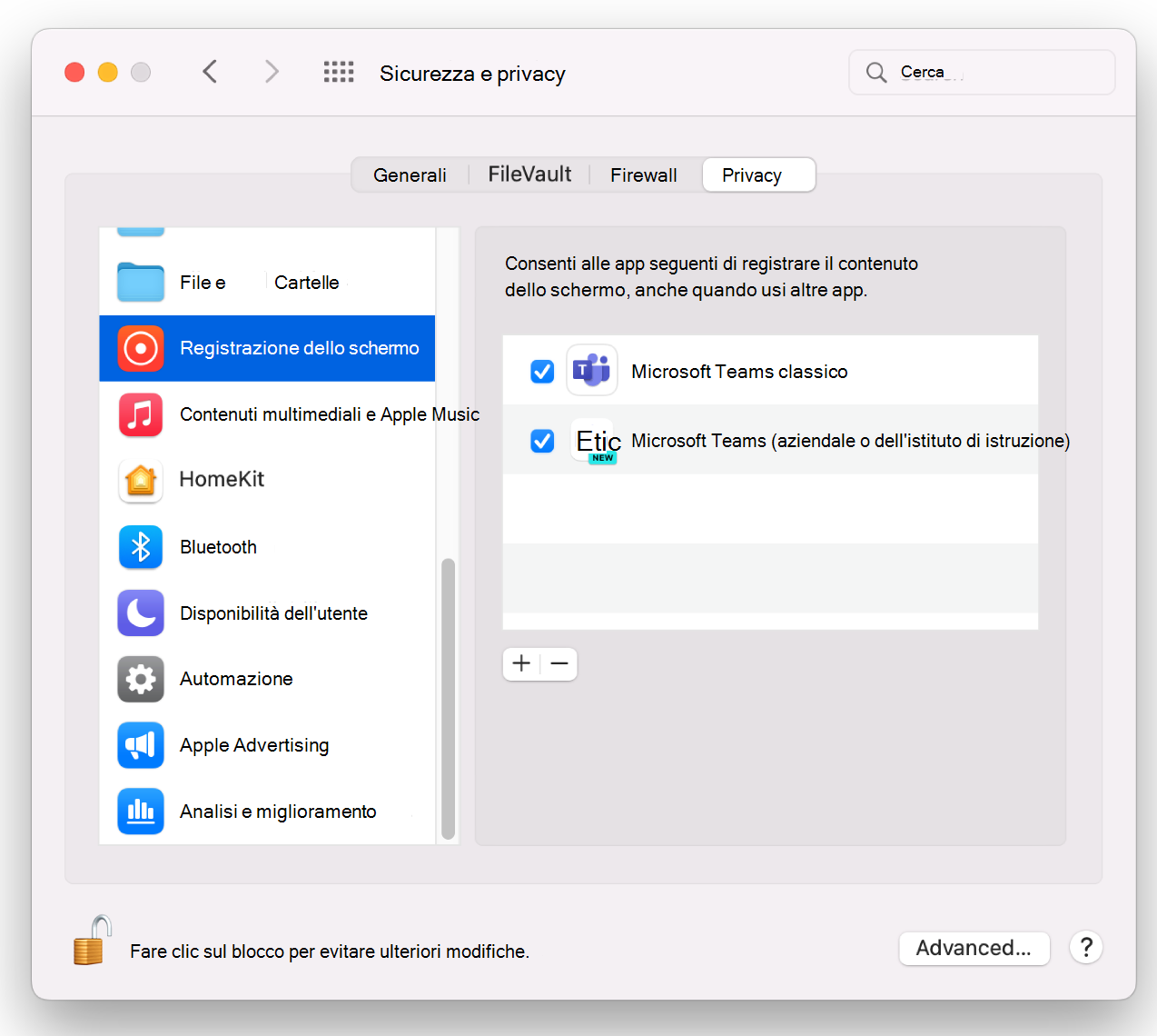 Pagina Sicurezza di Teams in Mac.