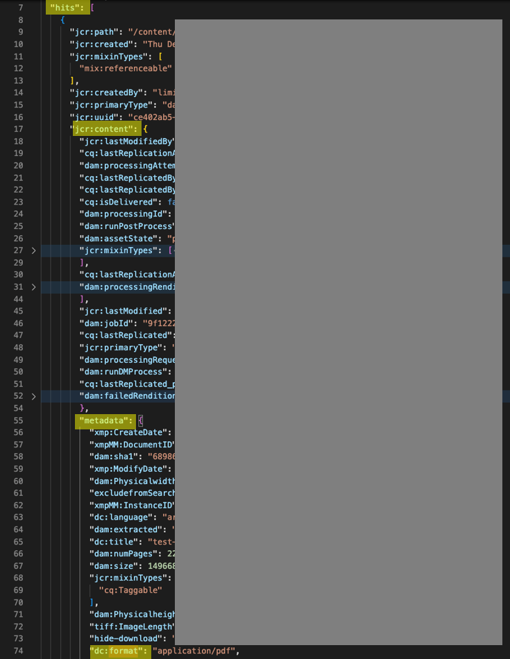 Screenshot di un percorso JCR con alcune proprietà evidenziate.