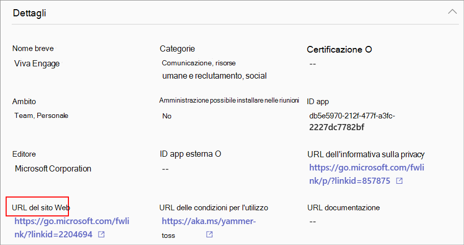 Screenshot che mostra i collegamenti alla documentazione nell'interfaccia di amministrazione per un'app nella relativa pagina dei dettagli.