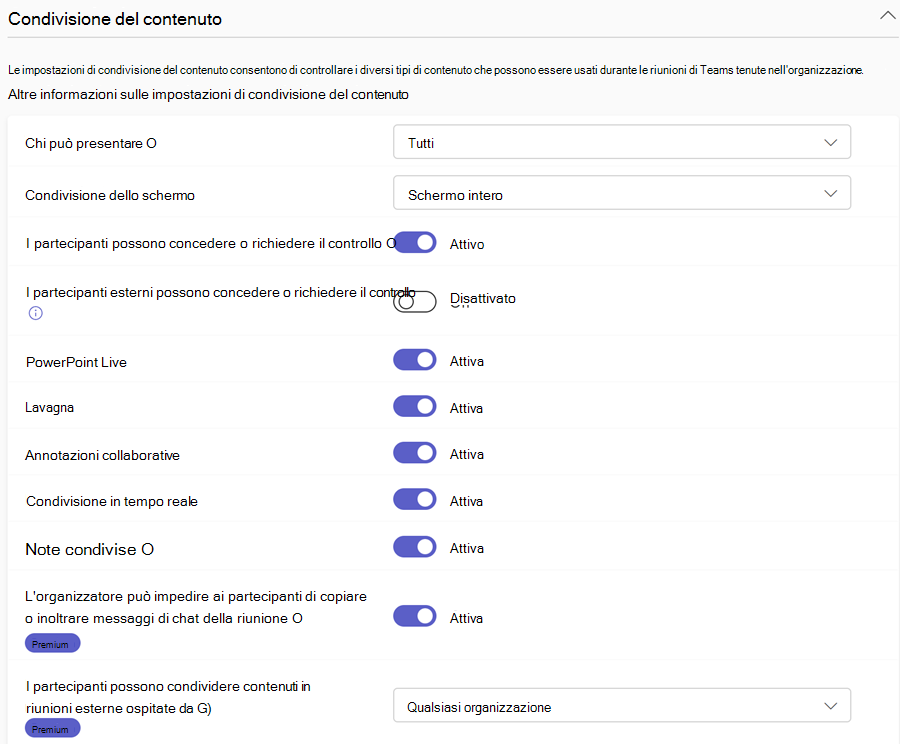 Screenshot dei criteri di condivisione del contenuto delle riunioni di Teams nell'interfaccia di amministrazione di Teams.