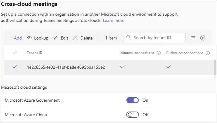 Screenshot delle impostazioni delle riunioni tra cloud nell'interfaccia di amministrazione di Teams.