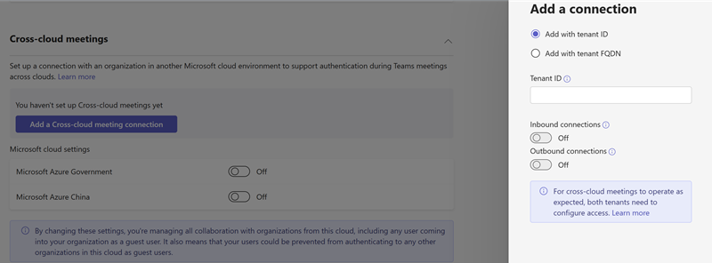 Screenshot delle impostazioni di riunione di Teams tra cloud nell'interfaccia di amministrazione di Teams.