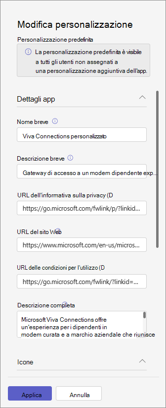 Screenshot che mostra il nome e la descrizione nell'interfaccia utente per personalizzare la presentazione dell'app.
