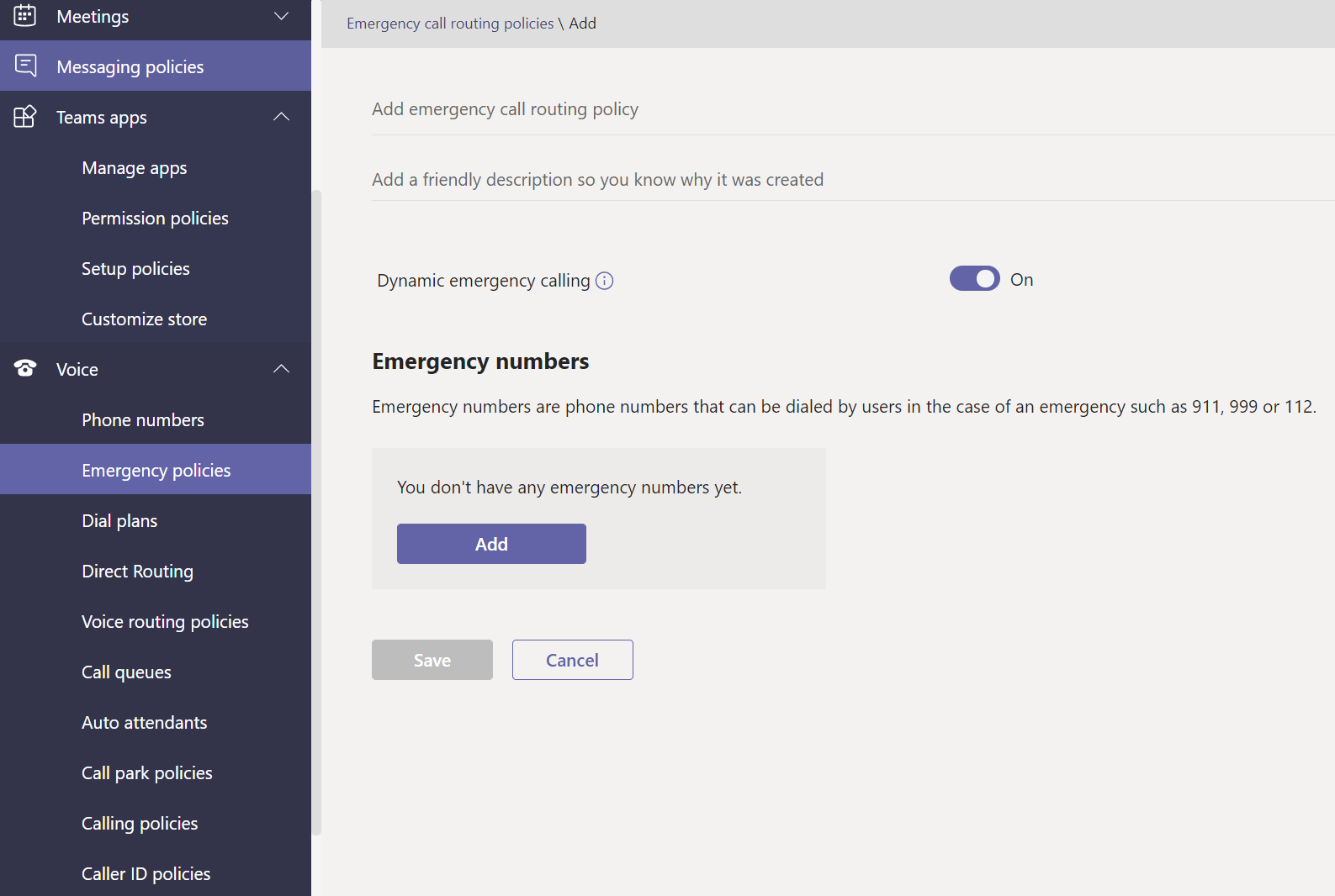 Screenshot dei criteri di routing delle chiamate di emergenza.