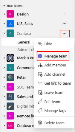 Screenshot che mostra l'opzione Gestisci team per modificare le impostazioni di un team.