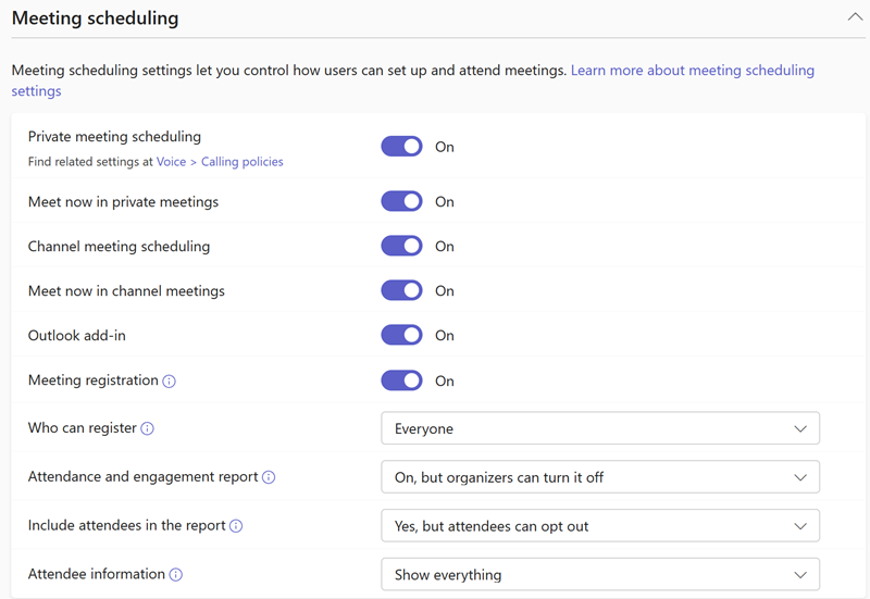 Screenshot dei criteri di pianificazione delle riunioni di Teams nell'interfaccia di amministrazione di Teams.