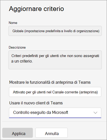 Screenshot del riquadro dei criteri di aggiornamento nell'interfaccia di amministrazione di Teams.