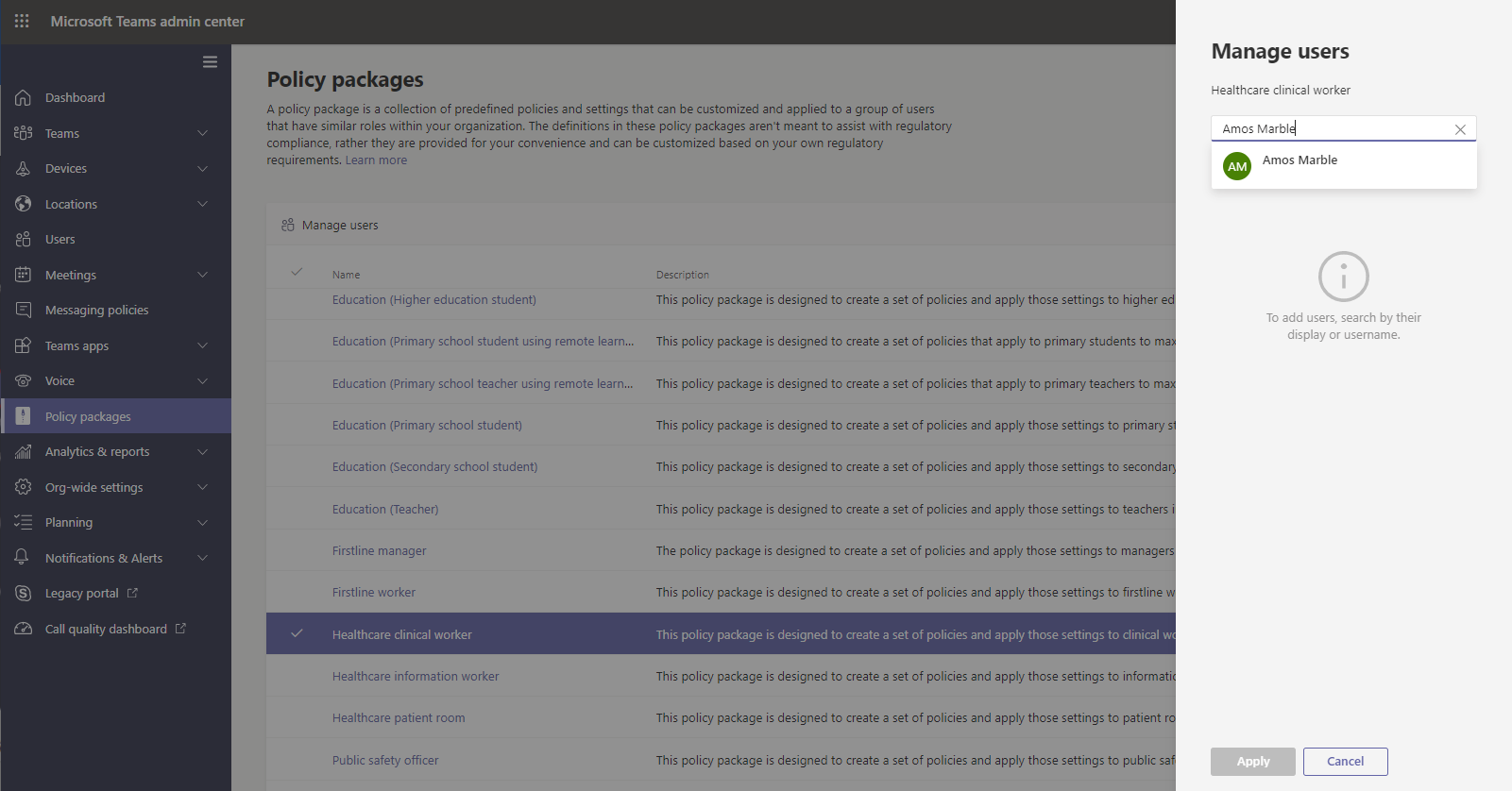 Screenshot che mostra come assegnare un pacchetto di criteri nell'interfaccia di amministrazione.