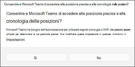Una finestra di dialogo che chiede all'utente se vuole consentire a Teams di accedere alla posizione precisa e alla cronologia delle posizioni. L'utente può scegliere tra Sì o No.