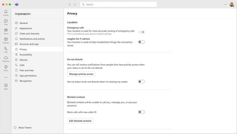 Screenshot della pagina delle impostazioni di privacy in Teams, con l'interruttore Chiamate di emergenza non disponibile.