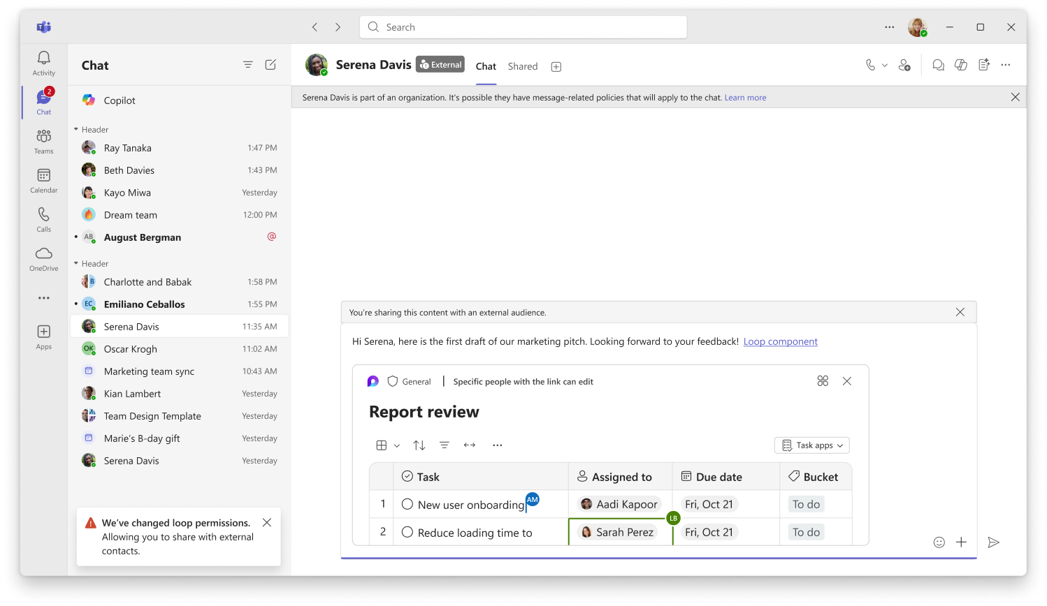 Screenshot che mostra le autorizzazioni automatiche di Loop componente nelle chat federate.