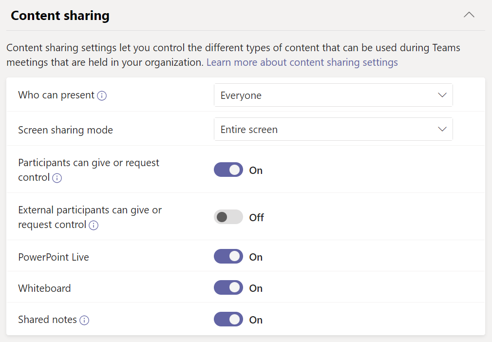 Screenshot dei criteri di condivisione del contenuto per le riunioni di Teams.