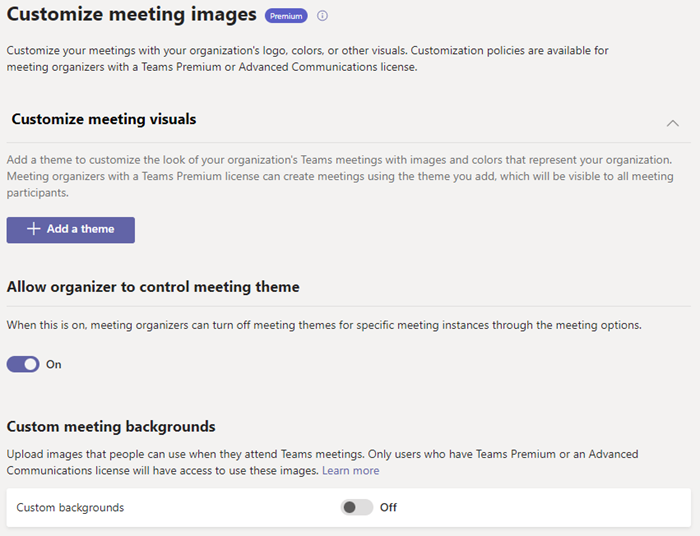 Screenshot dei criteri di personalizzazione delle riunioni di Teams.