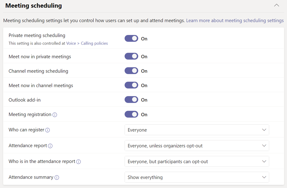 Screenshot dei criteri di pianificazione delle riunioni di Teams.