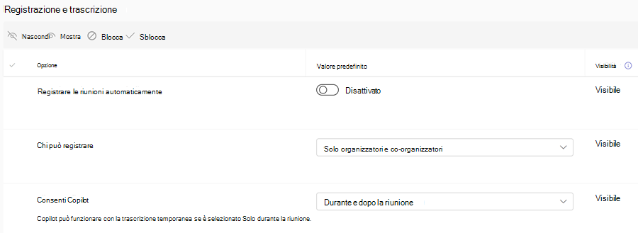 Screenshot dei criteri di registrazione di Teams per i modelli di riunione nell'interfaccia di amministrazione di Teams.